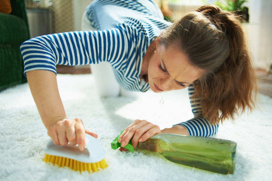 Woman attempting DIY carpet cleaning at home