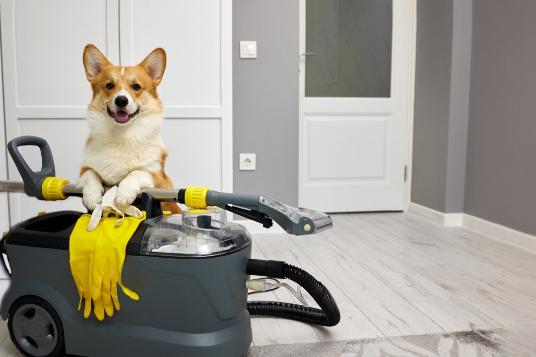 Dog sitting on top of professional carpet cleaning equipment