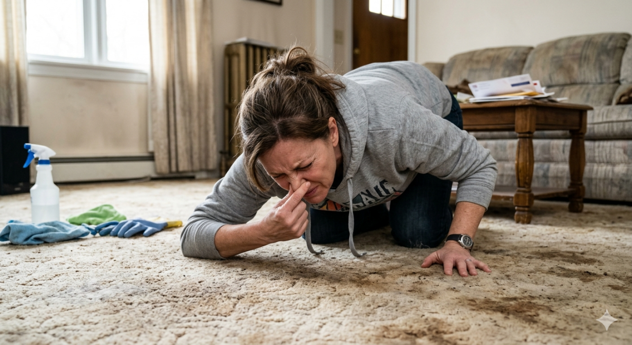 Woman smelling dirty carpet in humid summer Minnesota weather