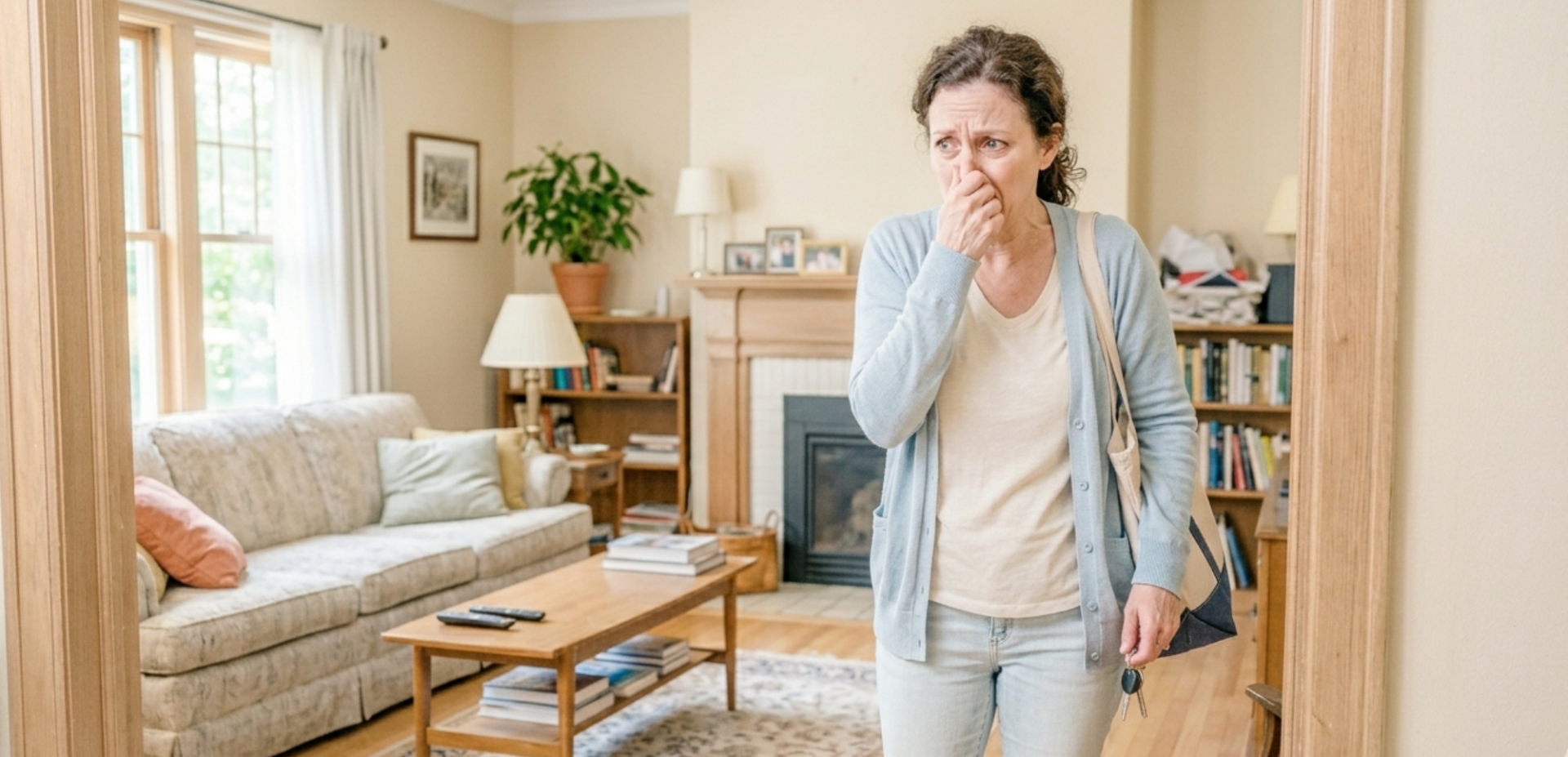 Woman noticing musty smell in her living room